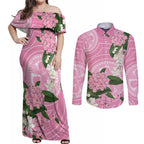Australia Lilly Pilly Riberry Couples Matching Off Shoulder Maxi Dress and Long Sleeve Button Shirt Aussie Native Flowers Indigenous Art - Aussie Hoodie