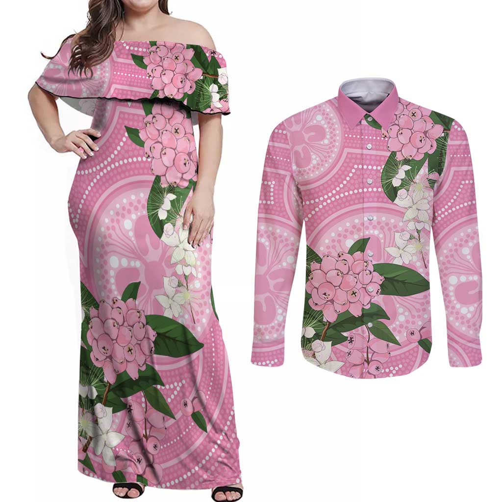 Australia Lilly Pilly Riberry Couples Matching Off Shoulder Maxi Dress and Long Sleeve Button Shirt Aussie Native Flowers Indigenous Art - Aussie Hoodie