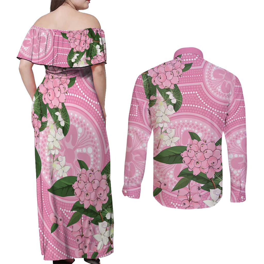 Australia Lilly Pilly Riberry Couples Matching Off Shoulder Maxi Dress and Long Sleeve Button Shirt Aussie Native Flowers Indigenous Art - Aussie Hoodie