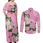 Australia Lilly Pilly Riberry Couples Matching Off Shoulder Maxi Dress and Long Sleeve Button Shirt Aussie Native Flowers Indigenous Art - Aussie Hoodie