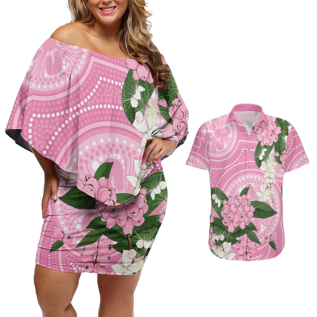 Australia Lilly Pilly Riberry Couples Matching Off Shoulder Short Dress and Hawaiian Shirt Aussie Native Flowers Indigenous Art - Aussie Hoodie