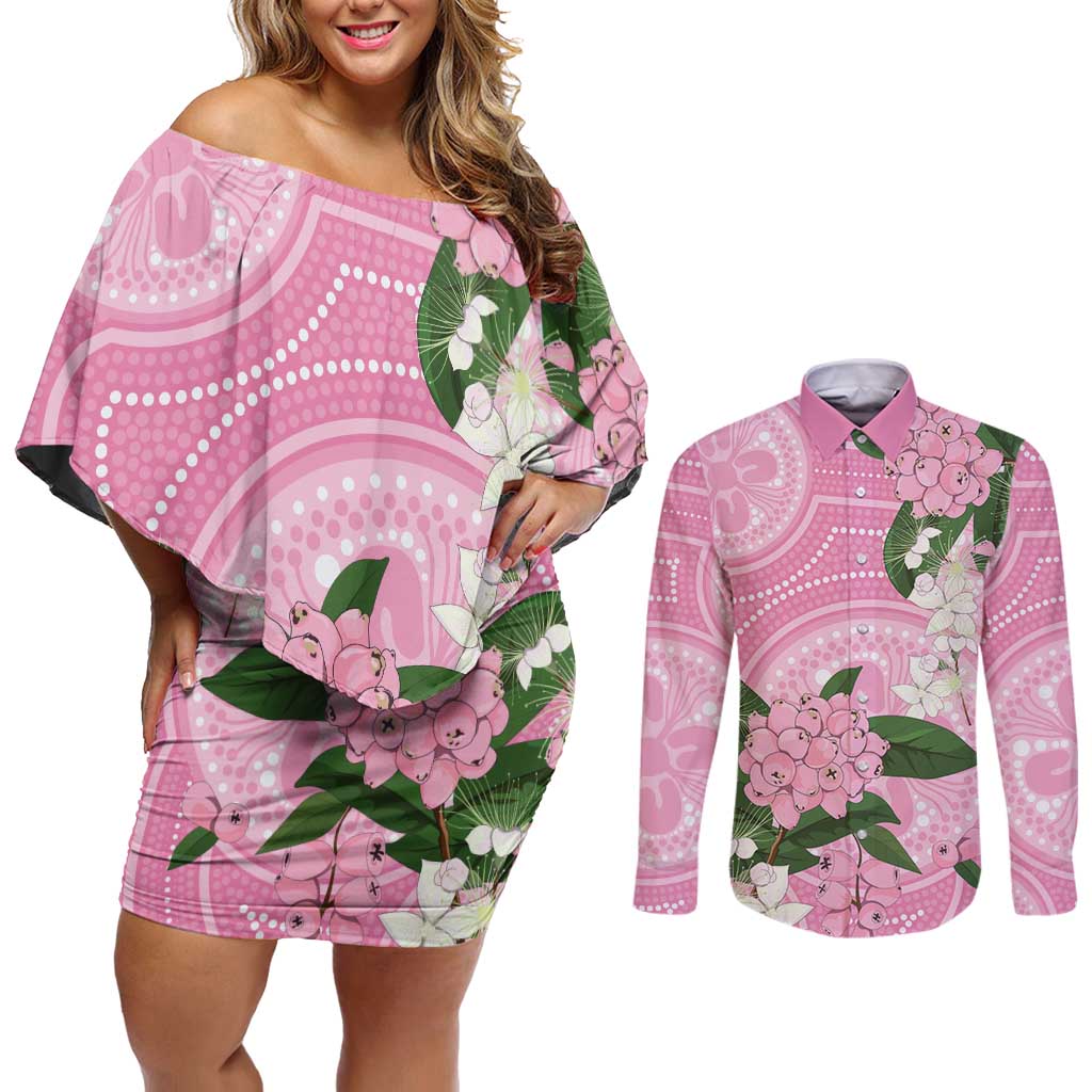 Australia Lilly Pilly Riberry Couples Matching Off Shoulder Short Dress and Long Sleeve Button Shirt Aussie Native Flowers Indigenous Art - Aussie Hoodie