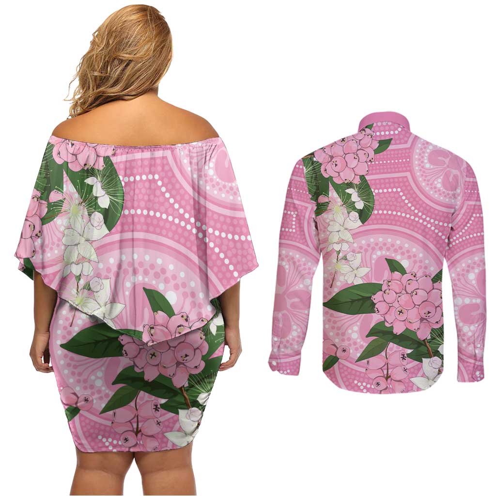Australia Lilly Pilly Riberry Couples Matching Off Shoulder Short Dress and Long Sleeve Button Shirt Aussie Native Flowers Indigenous Art - Aussie Hoodie
