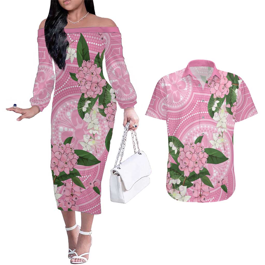 Australia Lilly Pilly Riberry Couples Matching Off The Shoulder Long Sleeve Dress and Hawaiian Shirt Aussie Native Flowers Indigenous Art - Aussie Hoodie