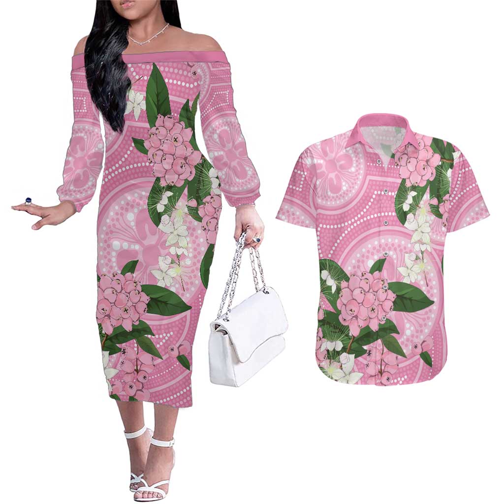 Australia Lilly Pilly Riberry Couples Matching Off The Shoulder Long Sleeve Dress and Hawaiian Shirt Aussie Native Flowers Indigenous Art - Aussie Hoodie