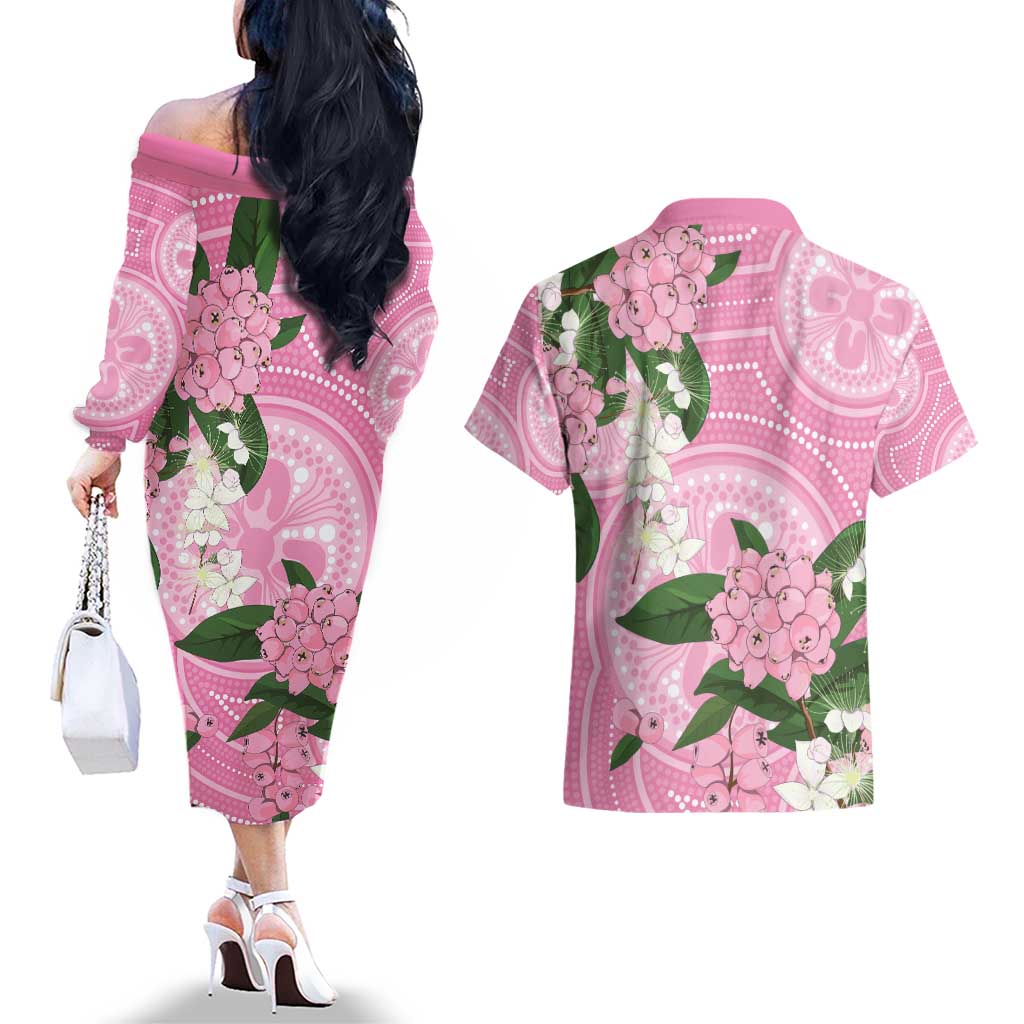 Australia Lilly Pilly Riberry Couples Matching Off The Shoulder Long Sleeve Dress and Hawaiian Shirt Aussie Native Flowers Indigenous Art - Aussie Hoodie