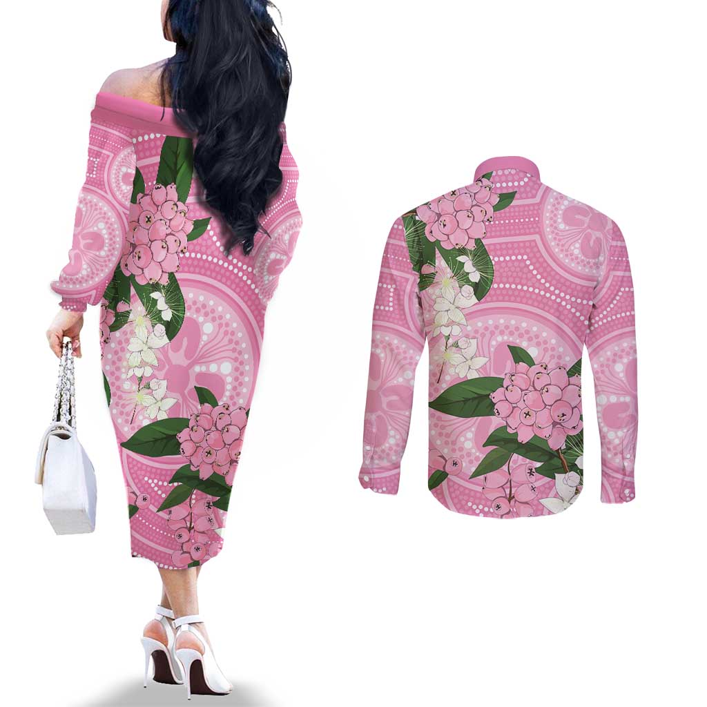 Australia Lilly Pilly Riberry Couples Matching Off The Shoulder Long Sleeve Dress and Long Sleeve Button Shirt Aussie Native Flowers Indigenous Art - Aussie Hoodie