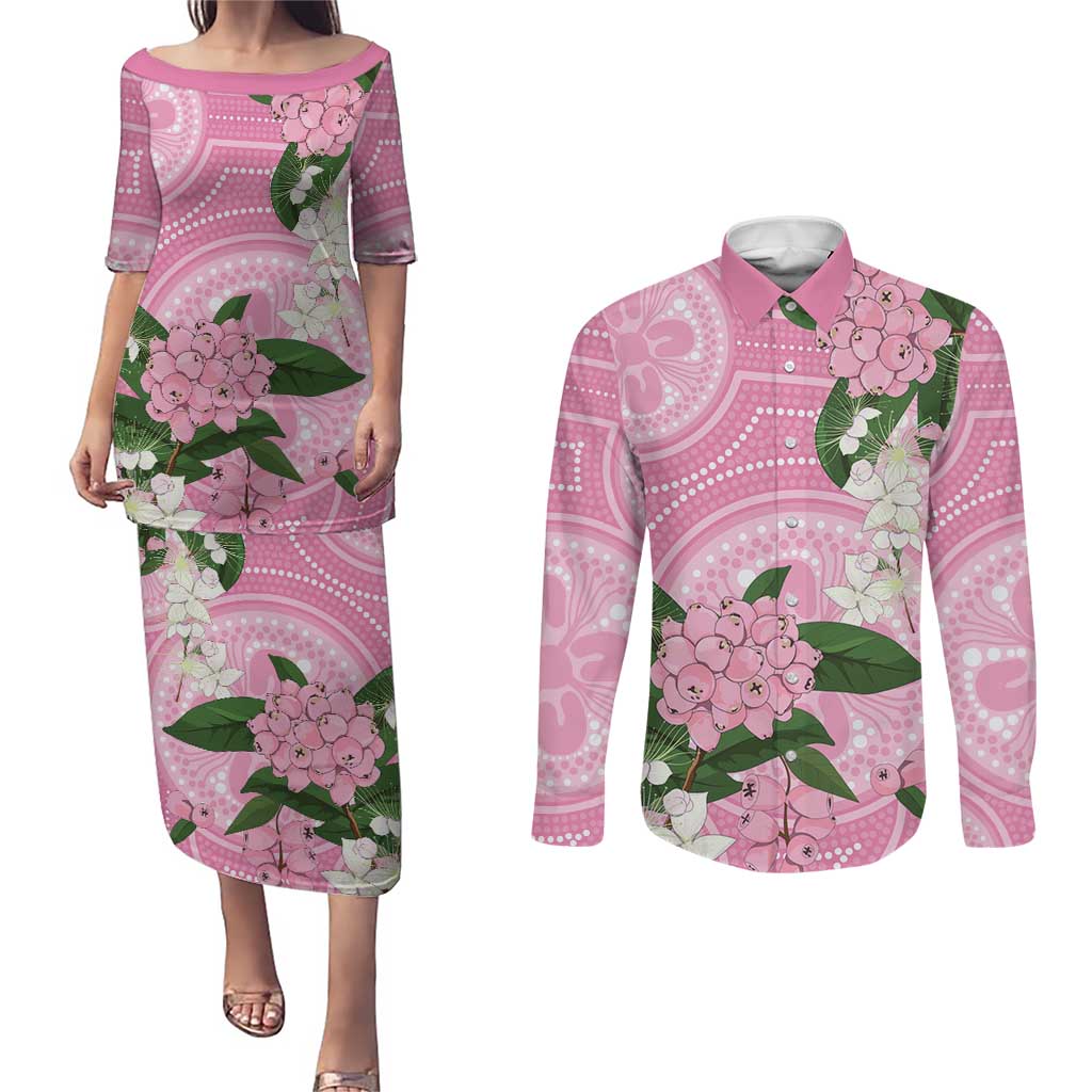 Australia Lilly Pilly Riberry Couples Matching Puletasi and Long Sleeve Button Shirt Aussie Native Flowers Indigenous Art - Aussie Hoodie
