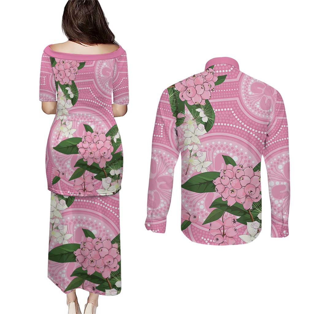 Australia Lilly Pilly Riberry Couples Matching Puletasi and Long Sleeve Button Shirt Aussie Native Flowers Indigenous Art - Aussie Hoodie