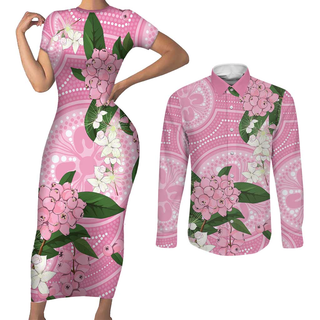 Australia Lilly Pilly Riberry Couples Matching Short Sleeve Bodycon Dress and Long Sleeve Button Shirt Aussie Native Flowers Indigenous Art - Aussie Hoodie