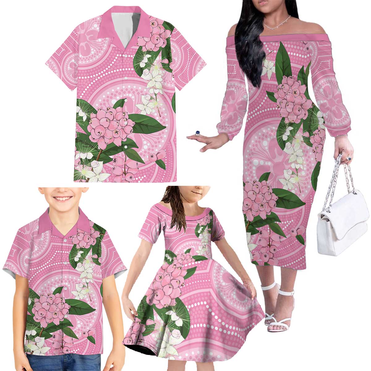 Australia Lilly Pilly Riberry Family Matching Off The Shoulder Long Sleeve Dress and Hawaiian Shirt Aussie Native Flowers Indigenous Art - Aussie Hoodie
