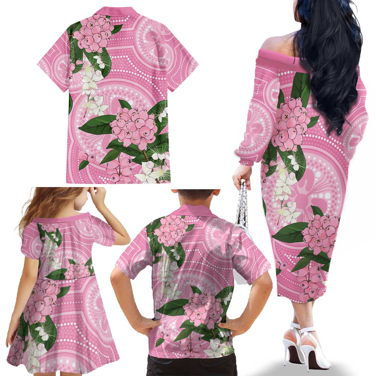 Australia Lilly Pilly Riberry Family Matching Off The Shoulder Long Sleeve Dress and Hawaiian Shirt Aussie Native Flowers Indigenous Art - Aussie Hoodie