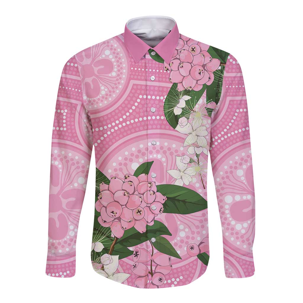 Australia Lilly Pilly Riberry Long Sleeve Button Shirt Aussie Native Flowers Indigenous Art - Aussie Hoodie