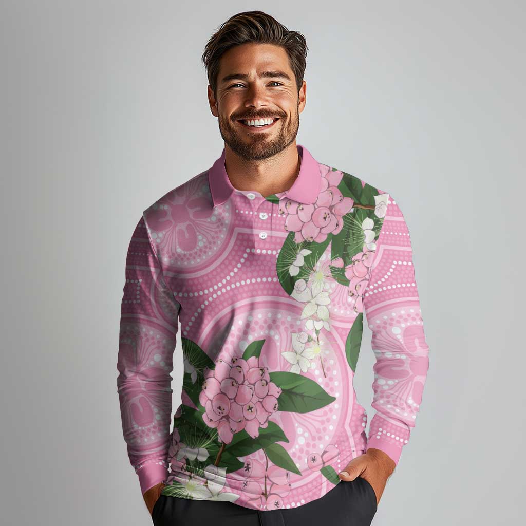 Australia Lilly Pilly Riberry Long Sleeve Polo Shirt Aussie Native Flowers Indigenous Art - Aussie Hoodie