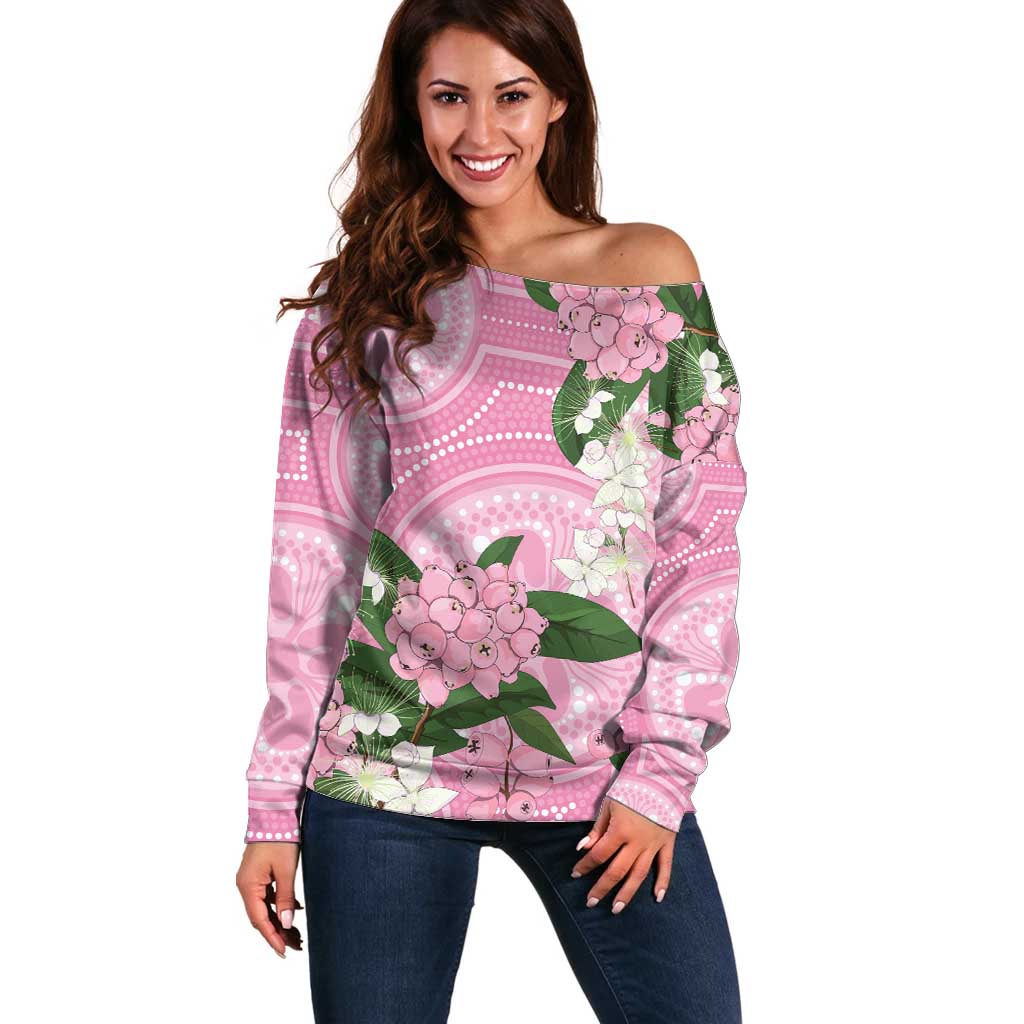 Australia Lilly Pilly Riberry Off Shoulder Sweater Aussie Native Flowers Indigenous Art - Aussie Hoodie