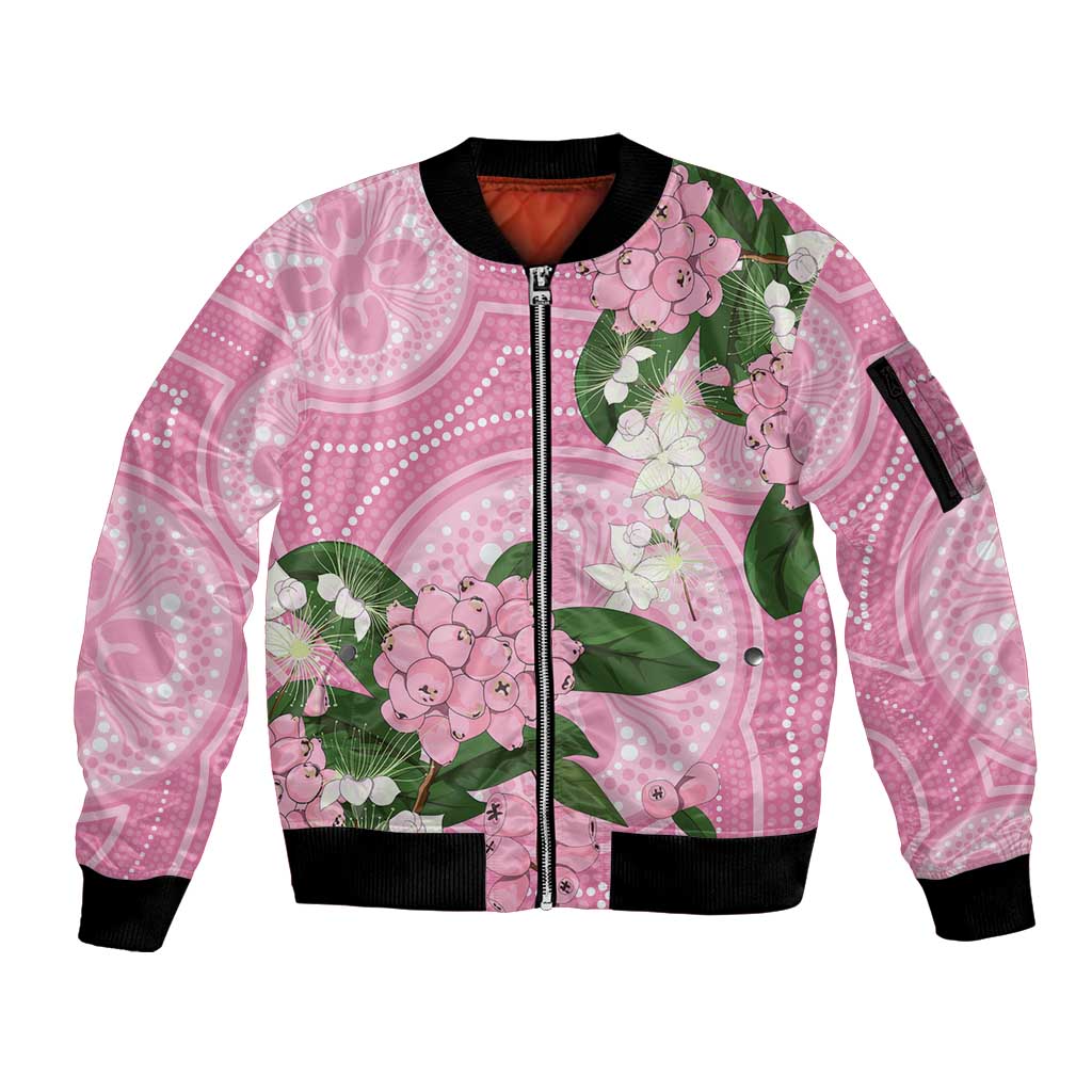 Australia Lilly Pilly Riberry Sleeve Zip Bomber Jacket Aussie Native Flowers Indigenous Art - Aussie Hoodie