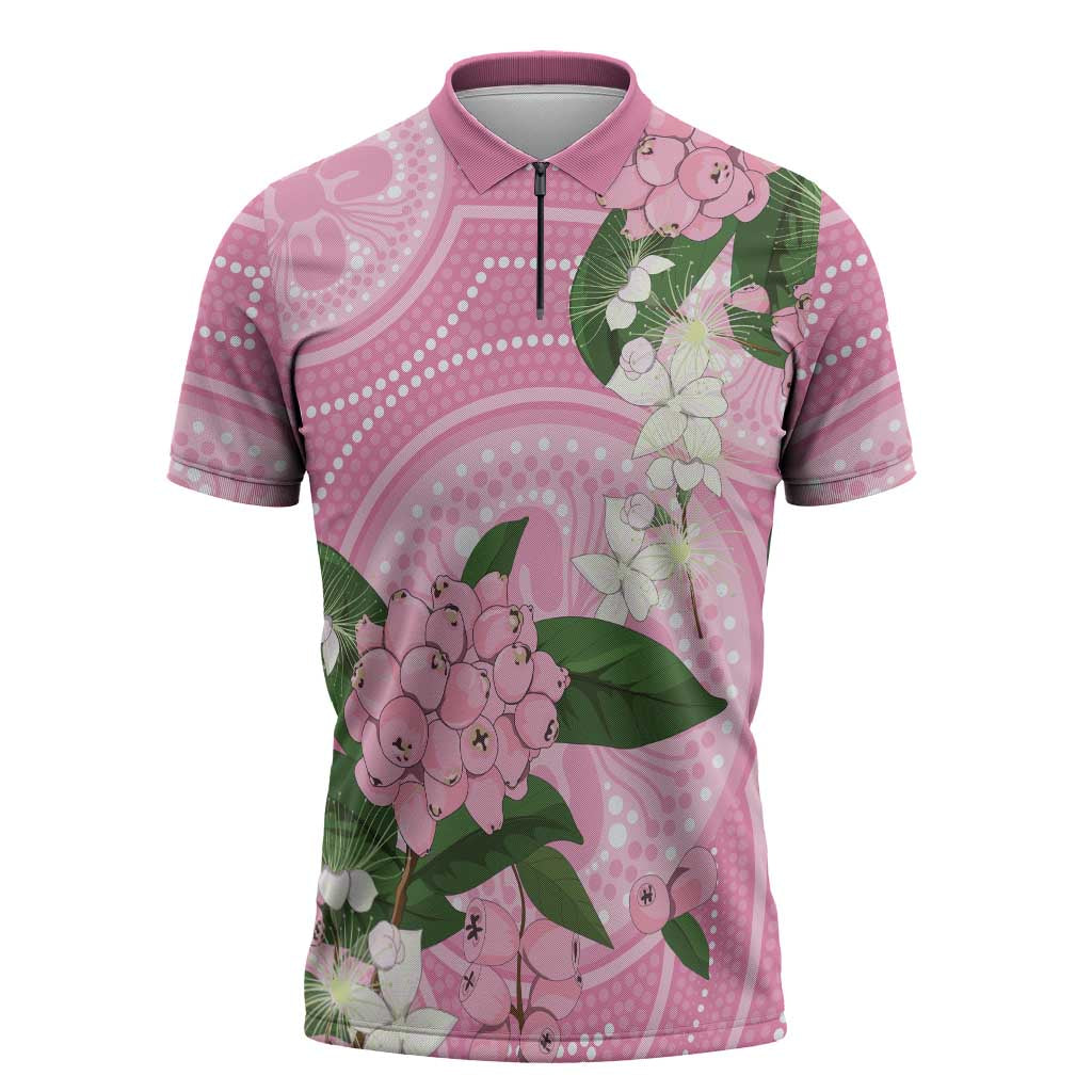 Australia Lilly Pilly Riberry Zipper Polo Shirt Aussie Native Flowers Indigenous Art - Aussie Hoodie
