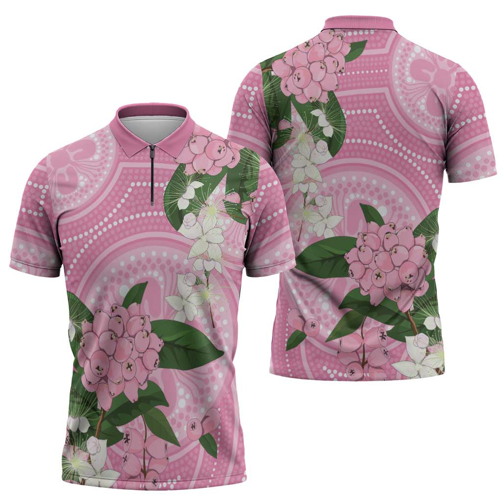 Australia Lilly Pilly Riberry Zipper Polo Shirt Aussie Native Flowers Indigenous Art - Aussie Hoodie