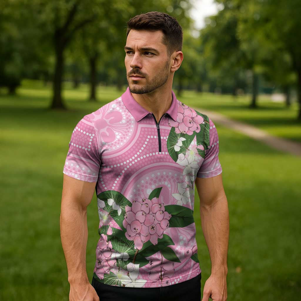 Australia Lilly Pilly Riberry Zipper Polo Shirt Aussie Native Flowers Indigenous Art - Aussie Hoodie