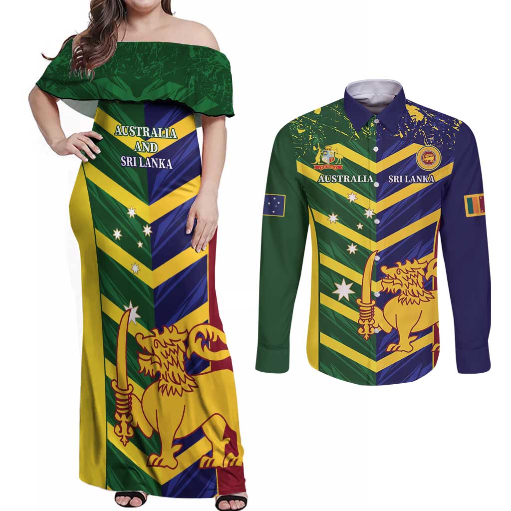 Custom Sri Lanka And Australia Cricket Couples Matching Off Shoulder Maxi Dress and Long Sleeve Button Shirt 2025 The Lions Baggy Greens Together