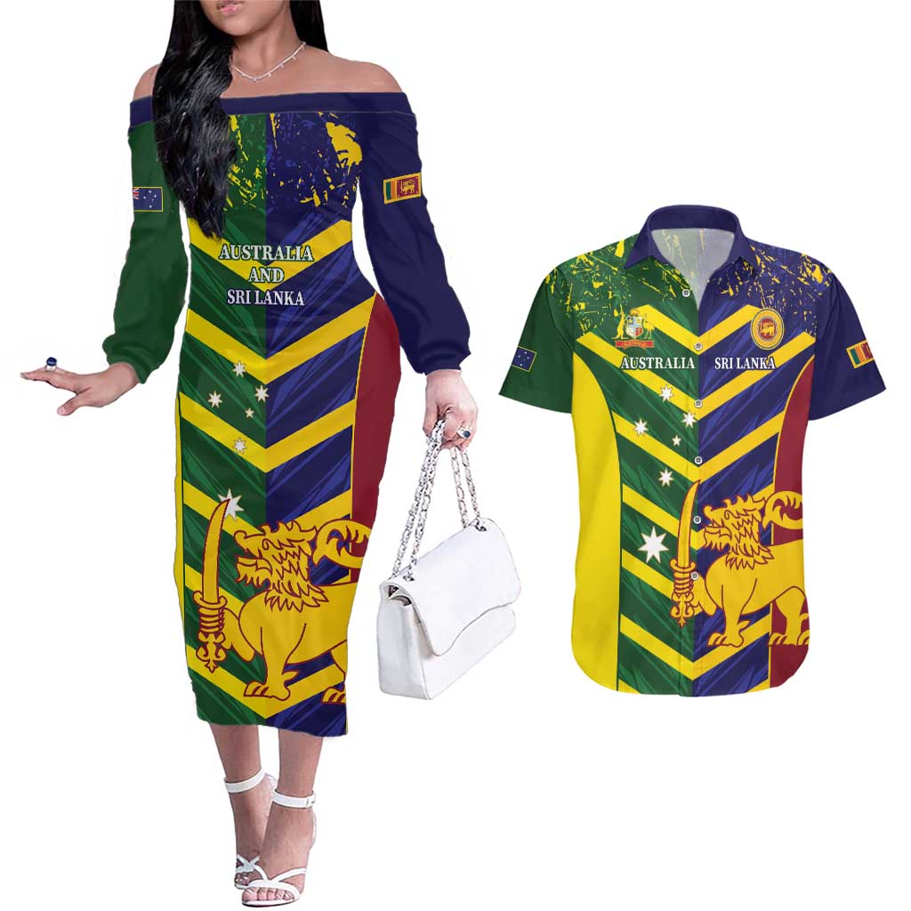 Custom Sri Lanka And Australia Cricket Couples Matching Off The Shoulder Long Sleeve Dress and Hawaiian Shirt 2025 The Lions Baggy Greens Together