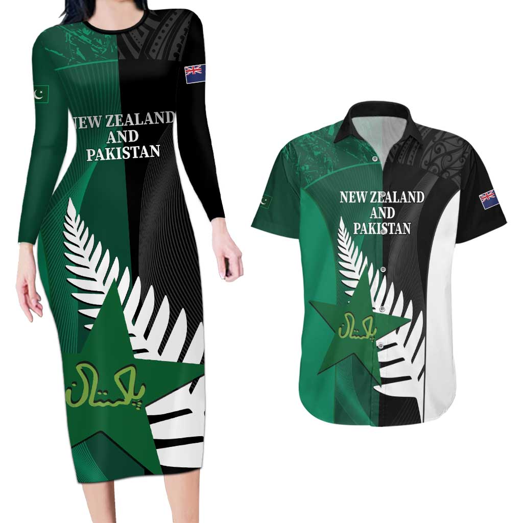 Custom New Zealand And Pakistan Cricket Couples Matching Long Sleeve Bodycon Dress and Hawaiian Shirt 2025 Black Cap Shaheens Together