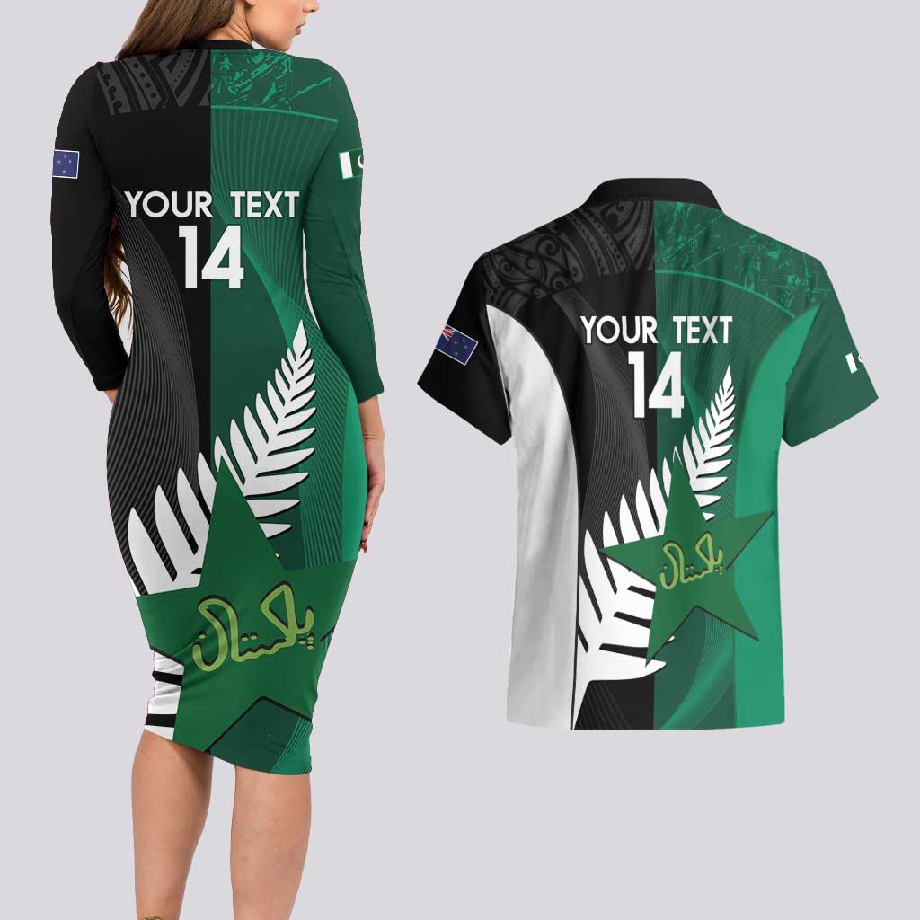 Custom New Zealand And Pakistan Cricket Couples Matching Long Sleeve Bodycon Dress and Hawaiian Shirt 2025 Black Cap Shaheens Together