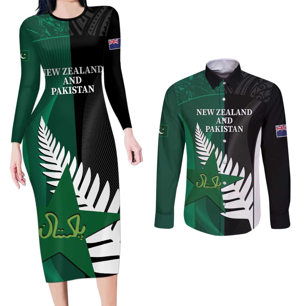 Custom New Zealand And Pakistan Cricket Couples Matching Long Sleeve Bodycon Dress and Long Sleeve Button Shirt 2025 Black Cap Shaheens Together