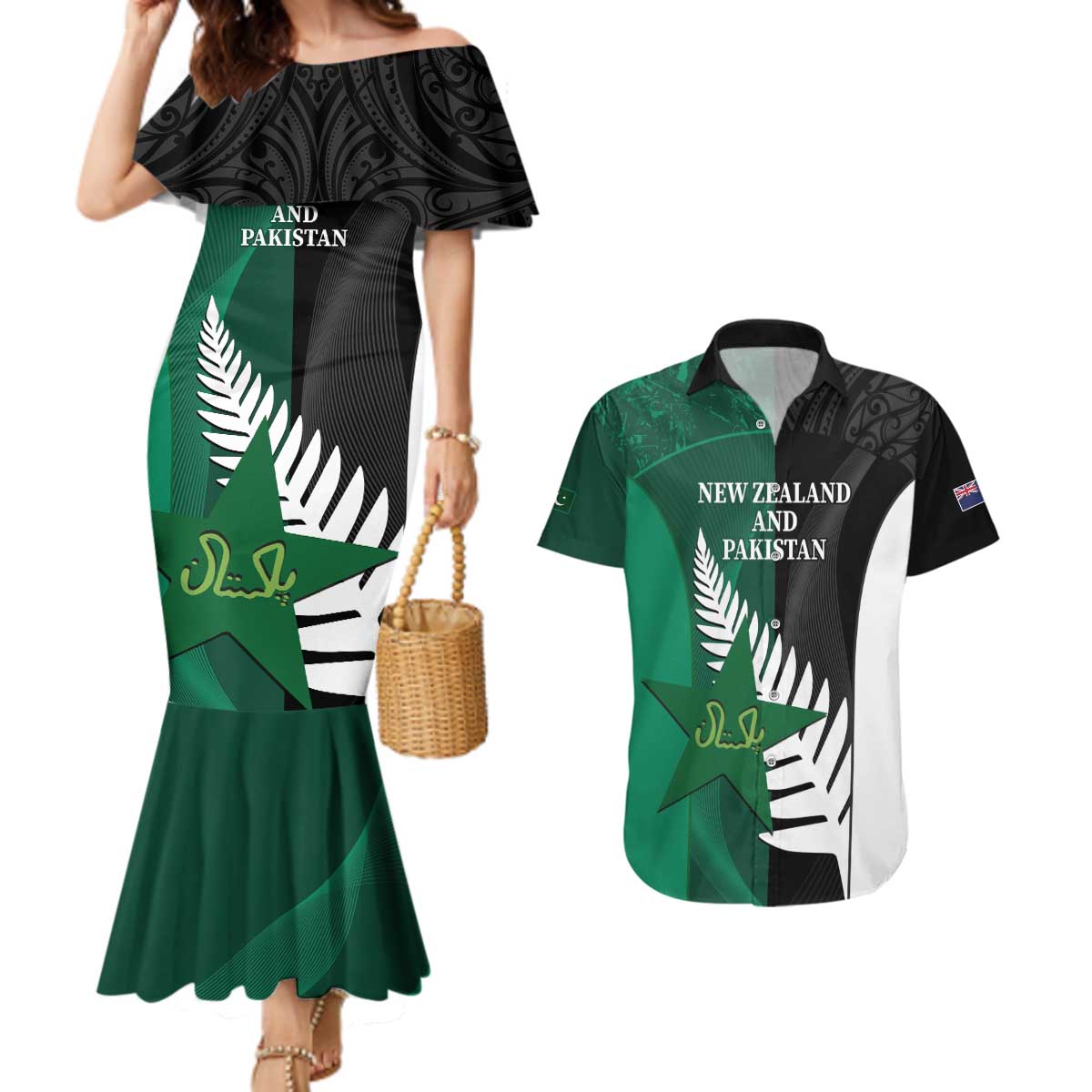 Custom New Zealand And Pakistan Cricket Couples Matching Mermaid Dress and Hawaiian Shirt 2025 Black Cap Shaheens Together