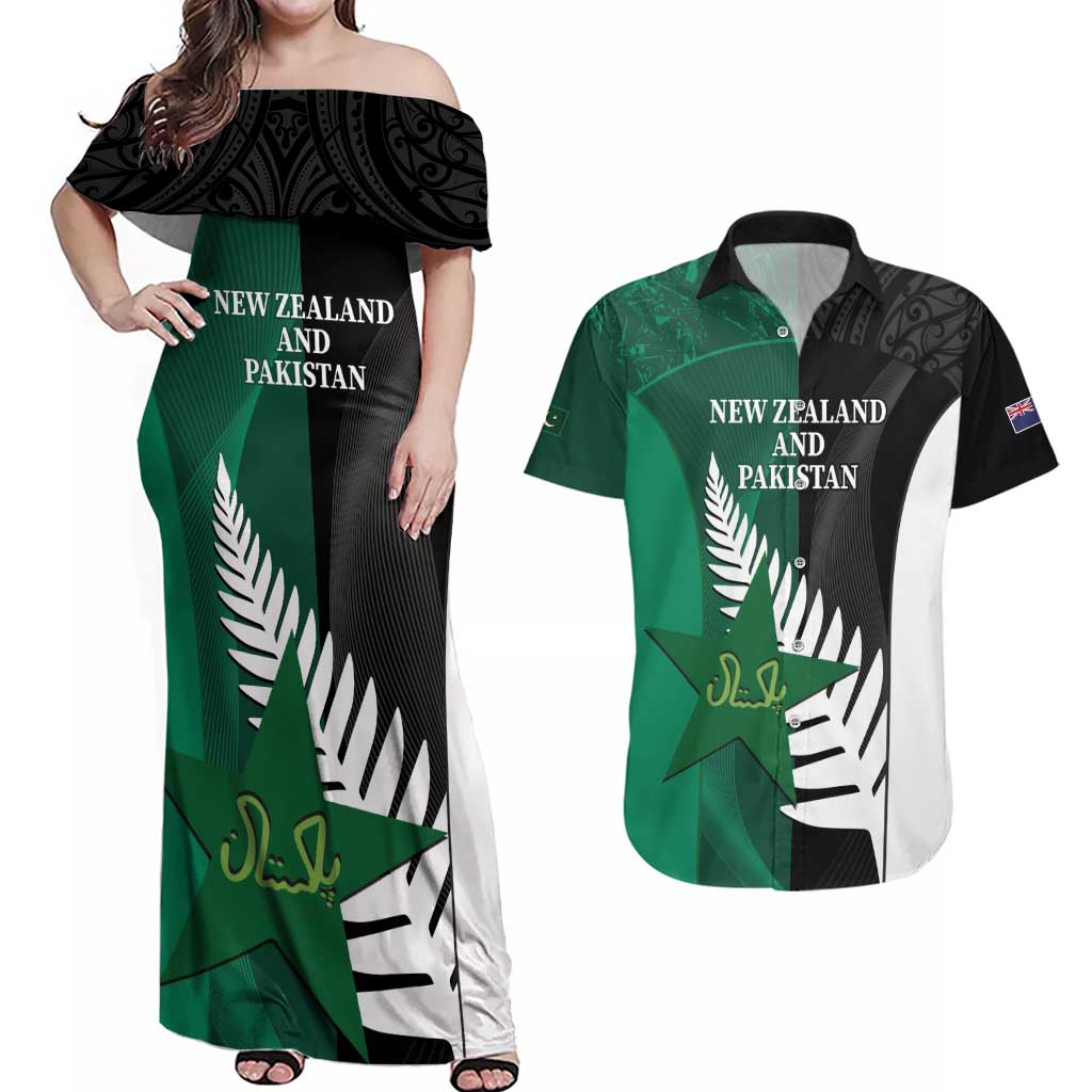 Custom New Zealand And Pakistan Cricket Couples Matching Off Shoulder Maxi Dress and Hawaiian Shirt 2025 Black Cap Shaheens Together