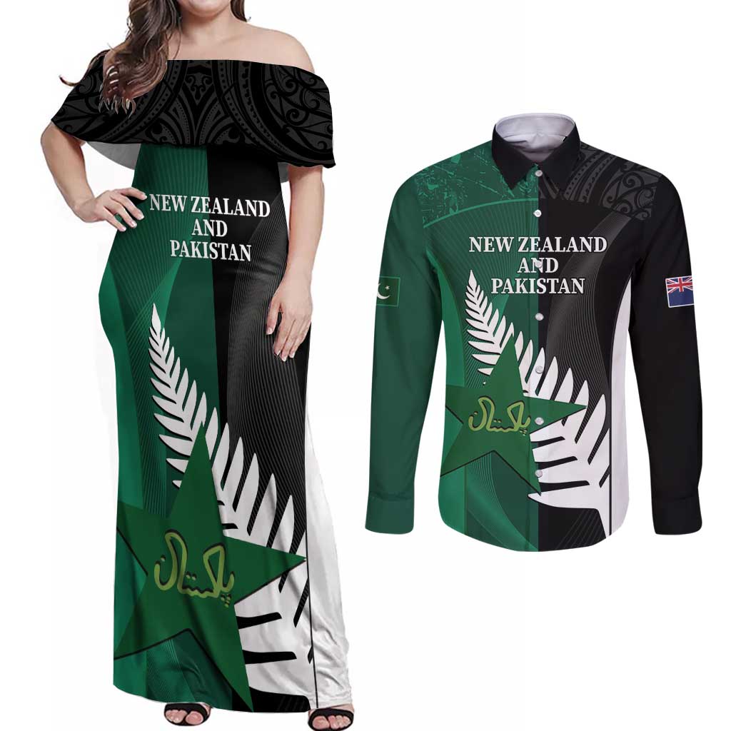 Custom New Zealand And Pakistan Cricket Couples Matching Off Shoulder Maxi Dress and Long Sleeve Button Shirt 2025 Black Cap Shaheens Together