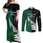 Custom New Zealand And Pakistan Cricket Couples Matching Off Shoulder Maxi Dress and Long Sleeve Button Shirt 2025 Black Cap Shaheens Together