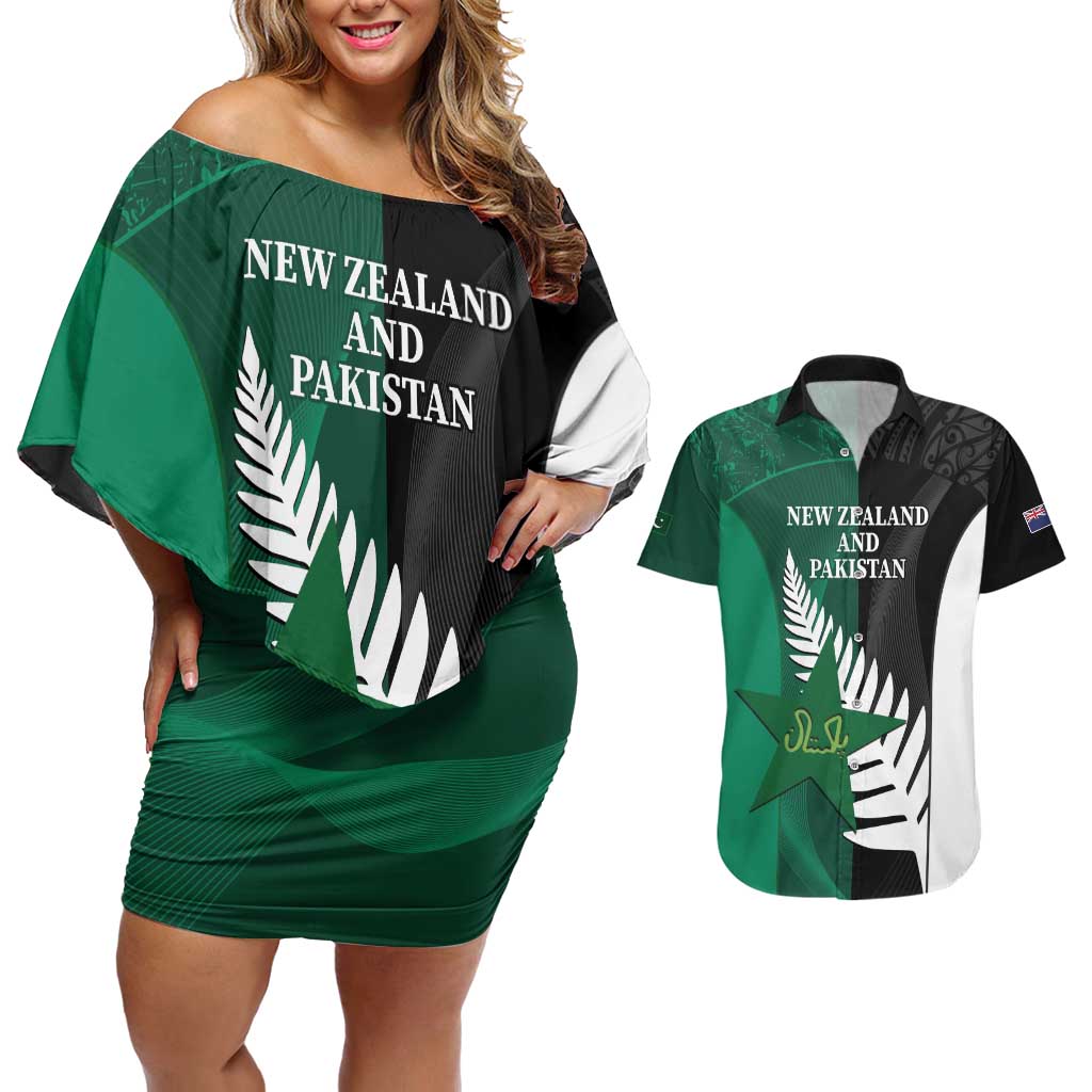 Custom New Zealand And Pakistan Cricket Couples Matching Off Shoulder Short Dress and Hawaiian Shirt 2025 Black Cap Shaheens Together