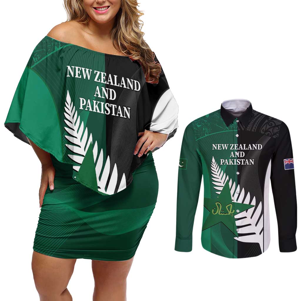 Custom New Zealand And Pakistan Cricket Couples Matching Off Shoulder Short Dress and Long Sleeve Button Shirt 2025 Black Cap Shaheens Together