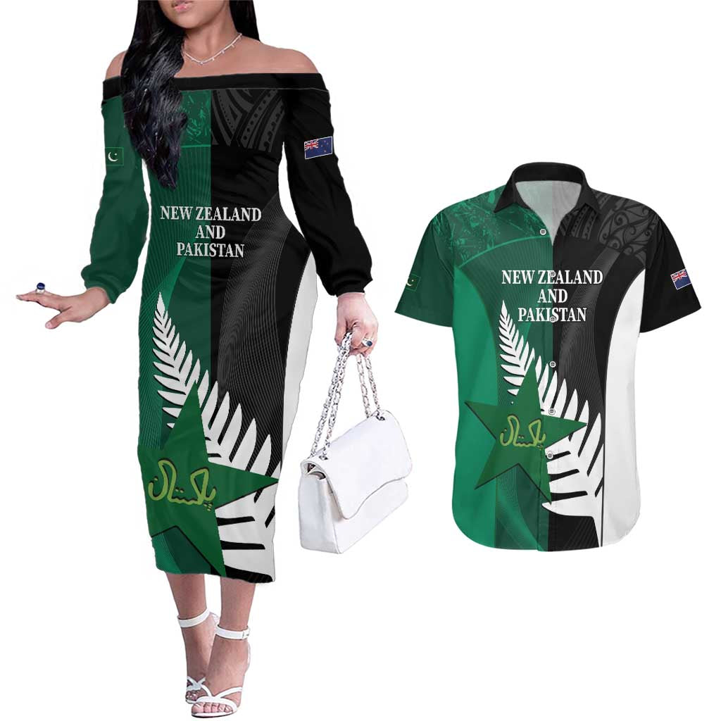 Custom New Zealand And Pakistan Cricket Couples Matching Off The Shoulder Long Sleeve Dress and Hawaiian Shirt 2025 Black Cap Shaheens Together