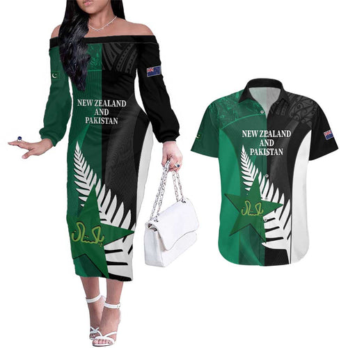 Custom New Zealand And Pakistan Cricket Couples Matching Off The Shoulder Long Sleeve Dress and Hawaiian Shirt 2025 Black Cap Shaheens Together
