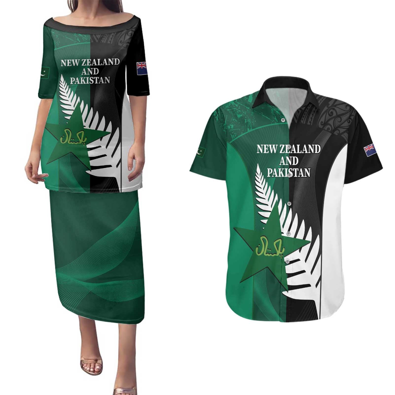 Custom New Zealand And Pakistan Cricket Couples Matching Puletasi and Hawaiian Shirt 2025 Black Cap Shaheens Together