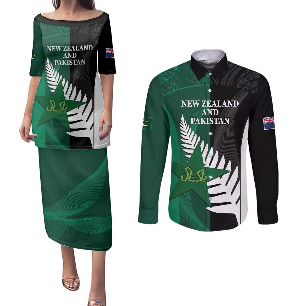 Custom New Zealand And Pakistan Cricket Couples Matching Puletasi and Long Sleeve Button Shirt 2025 Black Cap Shaheens Together