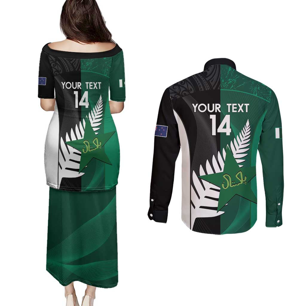 Custom New Zealand And Pakistan Cricket Couples Matching Puletasi and Long Sleeve Button Shirt 2025 Black Cap Shaheens Together