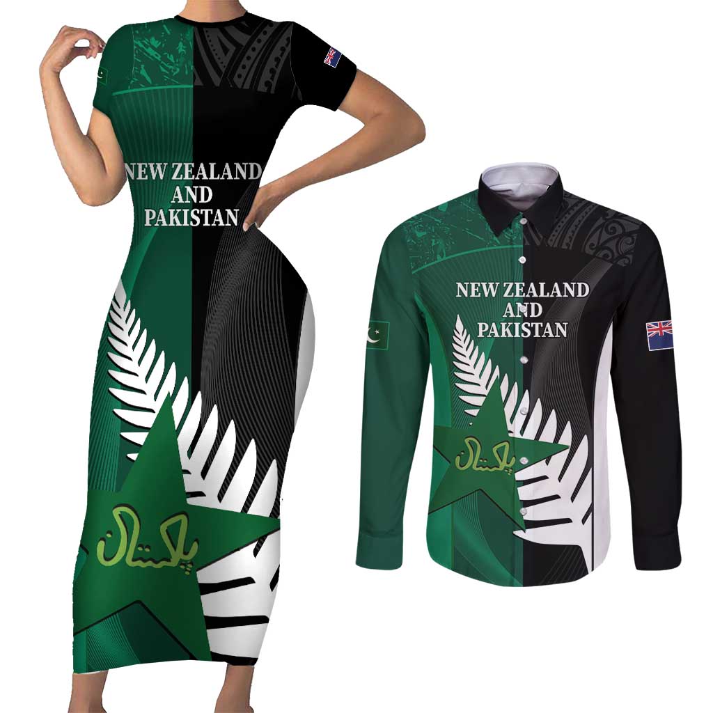 Custom New Zealand And Pakistan Cricket Couples Matching Short Sleeve Bodycon Dress and Long Sleeve Button Shirt 2025 Black Cap Shaheens Together
