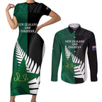 Custom New Zealand And Pakistan Cricket Couples Matching Short Sleeve Bodycon Dress and Long Sleeve Button Shirt 2025 Black Cap Shaheens Together