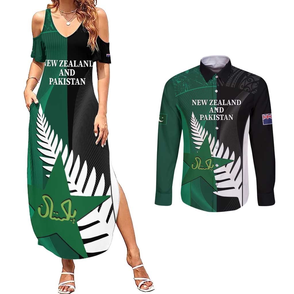 Custom New Zealand And Pakistan Cricket Couples Matching Summer Maxi Dress and Long Sleeve Button Shirt 2025 Black Cap Shaheens Together