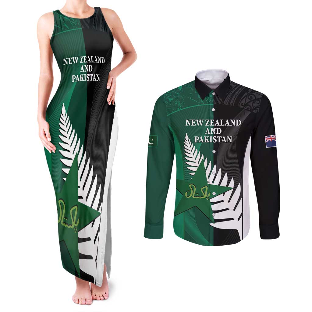 Custom New Zealand And Pakistan Cricket Couples Matching Tank Maxi Dress and Long Sleeve Button Shirt 2025 Black Cap Shaheens Together