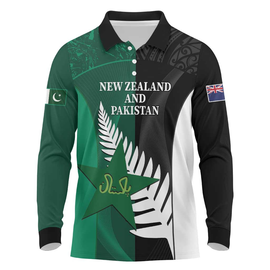 Custom New Zealand And Pakistan Cricket Long Sleeve Polo Shirt 2025 Black Cap Shaheens Together