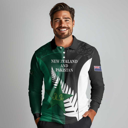 Custom New Zealand And Pakistan Cricket Long Sleeve Polo Shirt 2025 Black Cap Shaheens Together