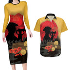 Australia Two-up Pennies ANZAC Day Couples Matching Long Sleeve Bodycon Dress and Hawaiian Shirt Slouch Hat Last Post With Poppy