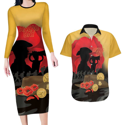 Australia Two-up Pennies ANZAC Day Couples Matching Long Sleeve Bodycon Dress and Hawaiian Shirt Slouch Hat Last Post With Poppy