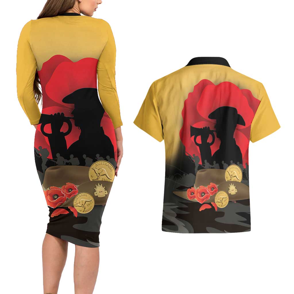 Australia Two-up Pennies ANZAC Day Couples Matching Long Sleeve Bodycon Dress and Hawaiian Shirt Slouch Hat Last Post With Poppy