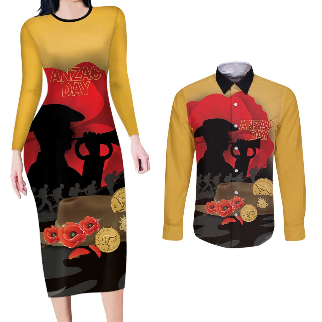 Australia Two-up Pennies ANZAC Day Couples Matching Long Sleeve Bodycon Dress and Long Sleeve Button Shirt Slouch Hat Last Post With Poppy