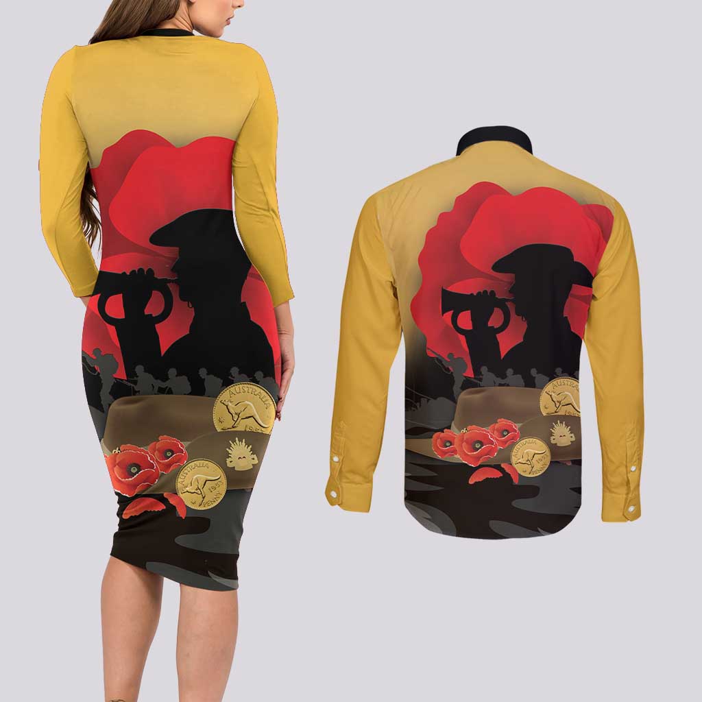 Australia Two-up Pennies ANZAC Day Couples Matching Long Sleeve Bodycon Dress and Long Sleeve Button Shirt Slouch Hat Last Post With Poppy
